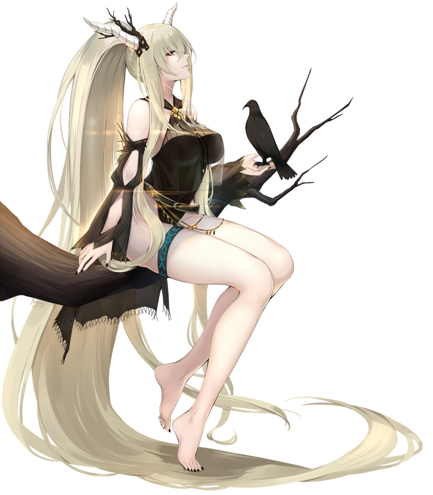 1girl absurdly_long_hair arknights bangs bare_shoulders barefoot bird bird_on_hand black_nails black_swimsuit blonde_hair branch breasts casual_one-piece_swimsuit closed_mouth detached_sleeves ears_visible_through_hair hair_between_eyes hair_ornament high_ponytail highres horns infection_monitor_(arknights) large_breasts long_hair long_sleeves looking_at_viewer looking_to_the_side maya_g nail_polish official_alternate_costume one-piece_swimsuit pointy_ears raven_(animal) red_eyes shining_(arknights) shining_(silent_night)_(arknights) sideways_glance sitting smile solo swimsuit thigh_strap thighs very_long_hair white_background