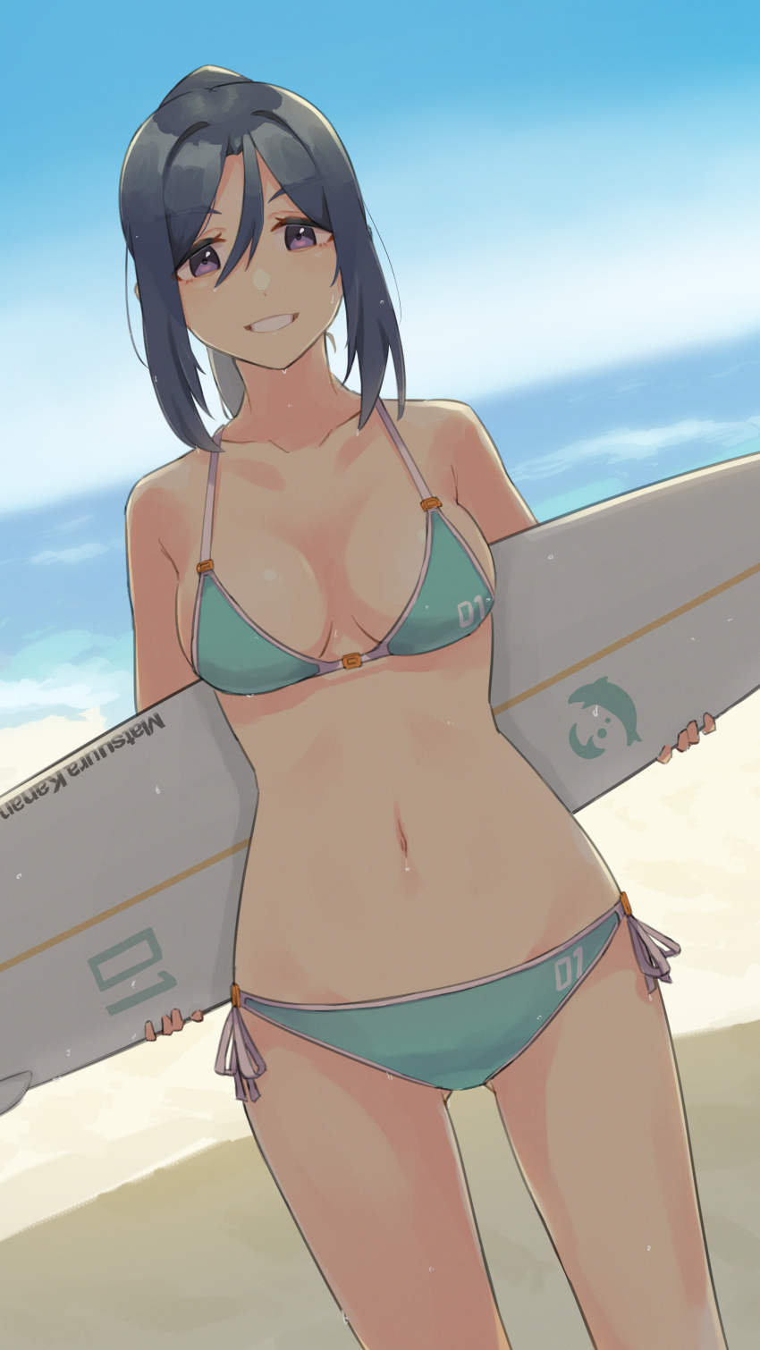 1girl absurdres aqua_bikini beach bikini blue_hair blue_sky breasts cleavage collarbone commentary_request cowboy_shot dutch_angle english_commentary highres holding holding_surfboard irenji long_hair looking_at_viewer love_live! love_live!_sunshine!! matsuura_kanan medium_breasts mixed-language_commentary ocean outdoors parted_lips ponytail purple_eyes side-tie_bikini sky smile solo surfboard swimsuit