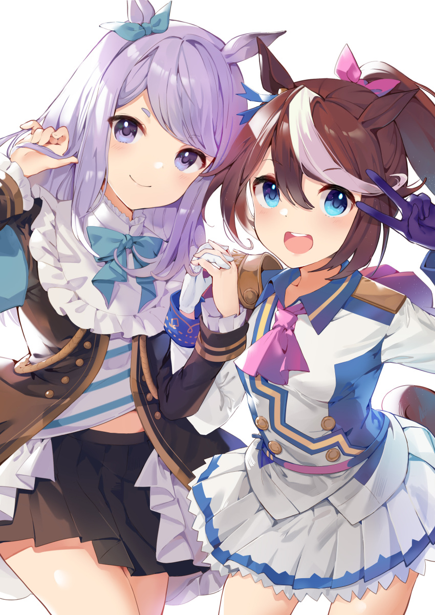 2girls :d absurdres animal_ears aqua_neckwear aqua_ribbon asymmetrical_gloves black_skirt blue_eyes bow bowtie brown_hair closed_mouth ear_ribbon elise_(piclic) gloves hair_between_eyes highres horse_ears horse_girl horse_tail interlocked_fingers long_hair looking_at_viewer mejiro_mcqueen_(umamusume) multicolored_hair multiple_girls open_mouth pleated_skirt ponytail purple_eyes purple_gloves purple_hair ribbon simple_background skirt smile streaked_hair tail tokai_teio_(umamusume) umamusume white_background white_gloves white_hair white_skirt