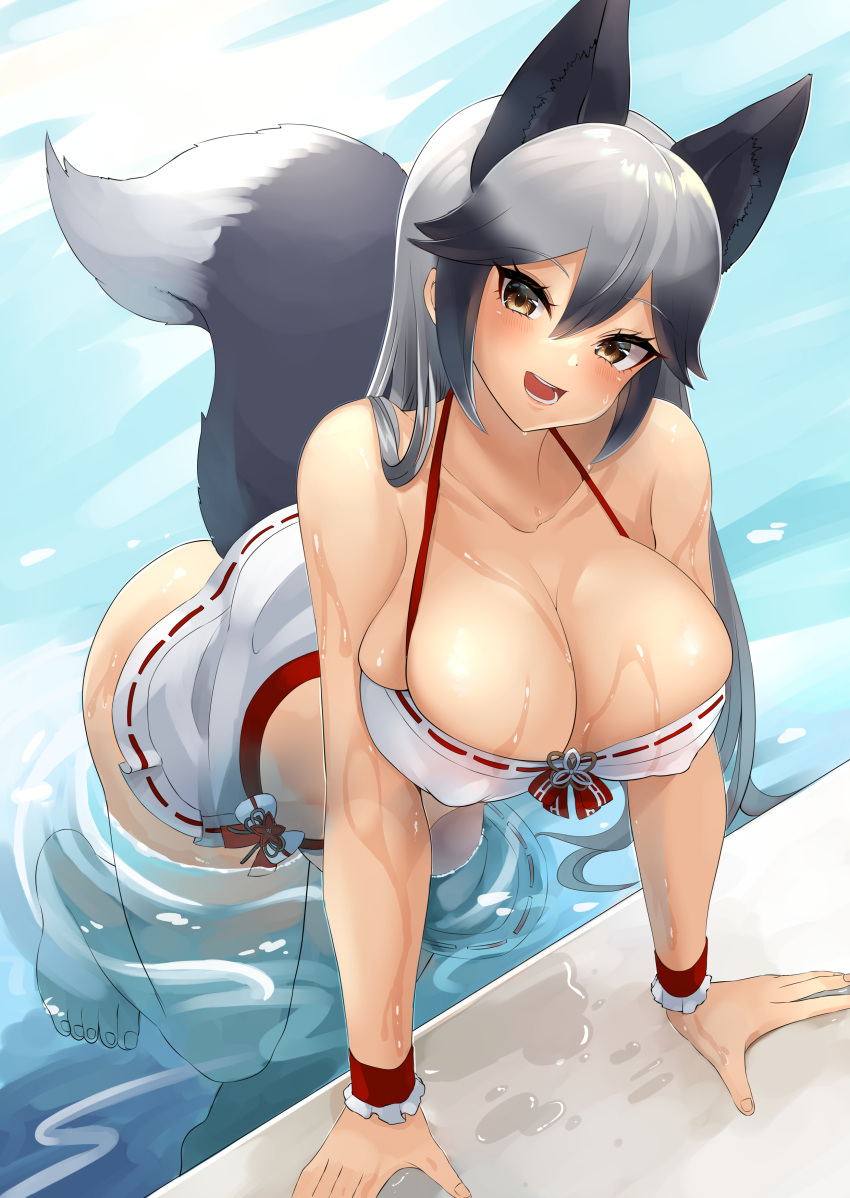 1girl absurdres alternate_breast_size animal_ears arm_support barefoot bikini black_hair breasts brown_eyes cleavage collarbone covered_nipples dragon_star2 extra_ears eyebrows_visible_through_hair fox_ears fox_girl fox_tail grey_hair hair_between_eyes head_tilt highres huge_breasts kemono_friends leaning_forward long_hair looking_at_viewer multicolored_hair open_mouth outstretched_arms partially_submerged poolside sidelocks silver_fox_(kemono_friends) skindentation smile solo swimsuit tail toenails toes two-tone_hair water wet wrist_cuffs