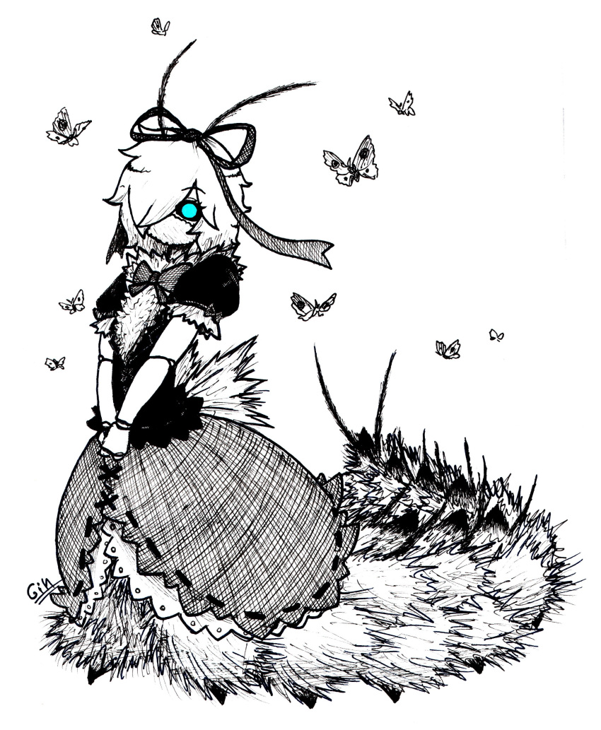 1girl absurdres antennae bangs blue_eyes bow bowtie bug butterfly caterpillar caterpillar_girl english_commentary eyebrows_visible_through_hair full_body gin_ichimaru72 greyscale hair_over_one_eye hair_ribbon highres insect looking_at_viewer medicine_melancholy monochrome monster_girl ribbon short_hair short_sleeves signature simple_background solo touhou v_arms