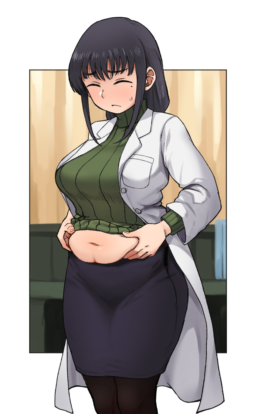 1girl bangs belly black_hair border breasts closed_eyes coat eyebrows_visible_through_hair frown highres holding_stomach houkago_teibou_nisshi indoors kotani_sayaka large_breasts leggings long_hair looking_down navel office office_lady omuraashu plump sidelocks skirt solo sweatdrop sweater teacher tight turtleneck weight_conscious white_border white_coat