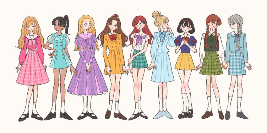 6+girls aladdin_(disney) anna_(frozen) aqua_dress ariel_(disney) aurora_(disney) beauty_and_the_beast belle_(disney) black_hair blazer blonde_hair blue_dress blue_shirt blue_skirt bob_cut bow bowtie braid brown_eyes brown_hair cinderella cinderella_(disney) closed_eyes collared_dress collared_shirt dark-skinned_female dark_skin disney dress elsa_(frozen) fashion frozen_(disney) green_dress green_skirt grey_eyes grey_hair hair_bun hair_ornament hairclip headband highres jacket jasmine_(disney) juliet_sleeves light_blue_eyes lineup loafers long_hair long_sleeves mary_janes multiple_girls pink_bow pink_dress plaid plaid_skirt ponytail puffy_short_sleeves puffy_sleeves purple_dress rapunzel_(disney) red_bow red_hair rikuwo sailor_collar sailor_shirt school_uniform see-through_sleeves shirt shoes short_sleeves skirt sleeping_beauty snow_white_(disney) snow_white_and_the_seven_dwarfs socks suspender_skirt suspenders tangled the_little_mermaid twin_braids white_background white_shirt yellow_dress yellow_skirt