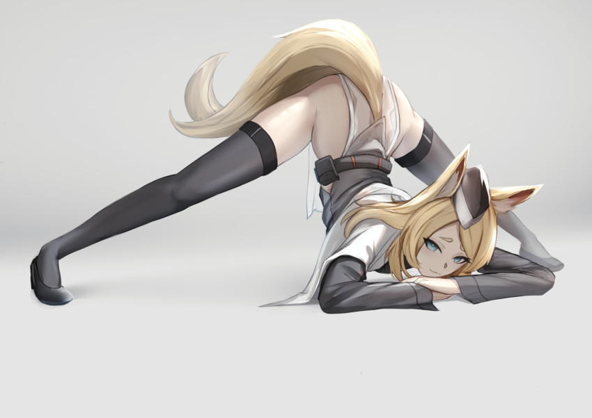 1girl animal_ears arknights black_headwear black_legwear blonde_hair blue_eyes closed_mouth commentary english_commentary full_body grey_background hat highres horse_ears horse_girl horse_tail jack-o'_challenge krirk long_hair long_sleeves looking_at_viewer md5_mismatch meme resolution_mismatch smile solo source_smaller tail thighhighs top-down_bottom-up whislash_(arknights)