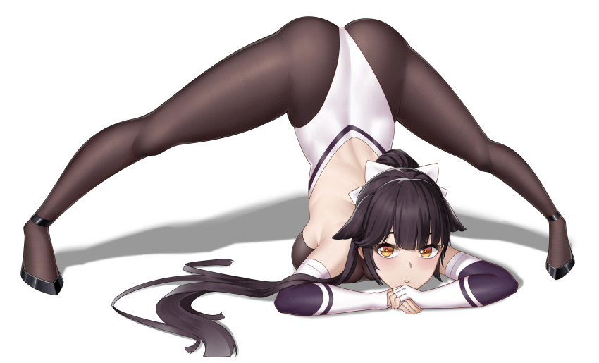 1girl absurdres animal_ears arm_rest ass azur_lane black_hair black_legwear breasts chinese_commentary commentary_request dog_ears fingerless_gloves full_body gloves hair_ears hair_flaps hands_on_ground highres huahuademaomaotou jack-o'_challenge large_breasts leotard long_hair meme multicolored_leotard pantyhose ponytail race_queen shadow simple_background solo takao_(azur_lane) takao_(full_throttle_charmer)_(azur_lane) top-down_bottom-up two-tone_leotard white_background white_gloves white_leotard wide_spread_legs