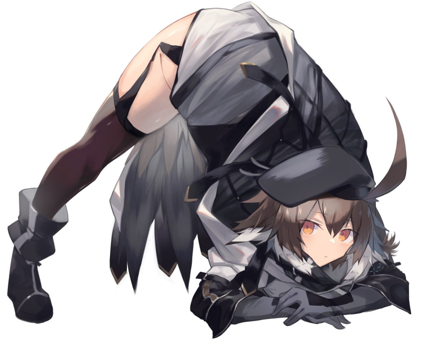 1girl ahoge arknights arm_rest ass bangs beret bird_tail black_gloves black_headwear black_legwear blush boots brown_hair cloak commentary_request eyebrows_visible_through_hair feather_hair flexible full_body garter_straps gloves hair_between_eyes hat jack-o'_challenge looking_at_viewer meme multicolored_hair plume_(arknights) sasa_onigiri short_hair simple_background solo spread_legs tail thighhighs top-down_bottom-up two-tone_hair white_background white_hair wide_spread_legs yellow_eyes