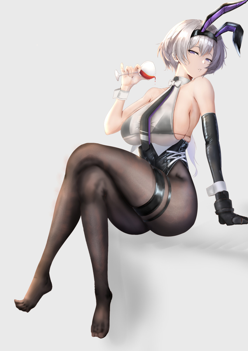 1girl absurdres alcohol animal_ears arm_strap arm_support ass azur_lane bangs bare_shoulders black_bra black_gloves black_hairband black_legwear black_leotard black_neckwear bow bowtie bra breasts collarbone collared_shirt commentary_request crop_top crossed_legs cup drinking_glass elbow_gloves eyebrows_visible_through_hair facing_to_the_side fake_animal_ears full_body gloves grey_hair groin hair_between_eyes hairband highres holding holding_cup invisible_chair large_breasts leotard long_sleeves looking_at_viewer low_ponytail metal_gloves mippei29 necktie no_shoes official_alternate_costume pantyhose parted_hair parted_lips partial_commentary playboy_bunny pouring_onto_self purple_eyes rabbit_ears reno_(azur_lane) reno_(reno_bunnino)_(azur_lane) see-through see-through_shirt shadow shirt sideboob sidelocks simple_background single_elbow_glove sitting skindentation sleeveless sleeveless_shirt solo thigh_strap underwear white_nails white_shirt wine wine_glass wrist_cuffs