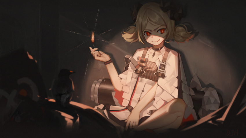 1girl arknights bird black_choker blonde_hair bracelet choker commentary fire horns id_card ifrit_(arknights) jacket jewelry looking_at_viewer on_ground orange_eyes pen_liangshui_po_ya_po rhine_lab_logo short_hair sitting smile solo twintails