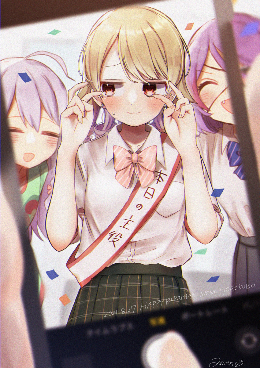 3girls =_= ahoge blonde_hair blush bow bowtie cellphone dated double_v ear_piercing embarrassed fang happy_birthday hayasaka_mirei highres hoshi_syoko idolmaster idolmaster_cinderella_girls individuals_(idolmaster) light_smile looking_away morikubo_nono multiple_girls phone phone_screen piercing plaid plaid_skirt pleated_skirt pov ringlets sash school_uniform shirt skirt suzugaeru sweatdrop taking_picture v wavy_mouth white_shirt