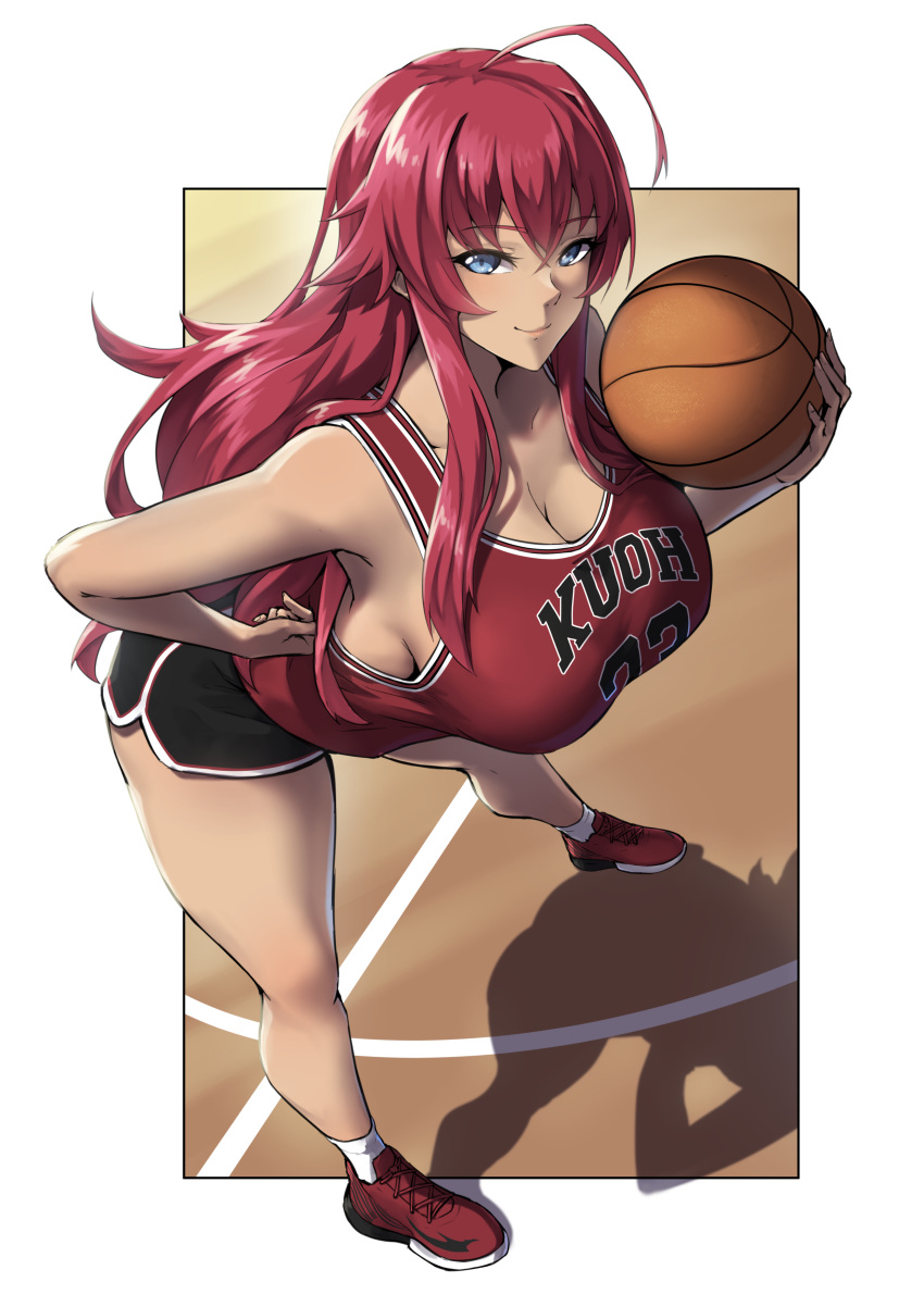 1girl absurdres ahoge ball bangs basketball basketball_uniform bent_over blue_eyes breasts eyebrows_visible_through_hair hair_between_eyes hand_on_hip high_school_dxd highres holding holding_ball large_breasts long_hair looking_at_viewer no_bra packge red_hair rias_gremory smile solo sportswear standing very_long_hair