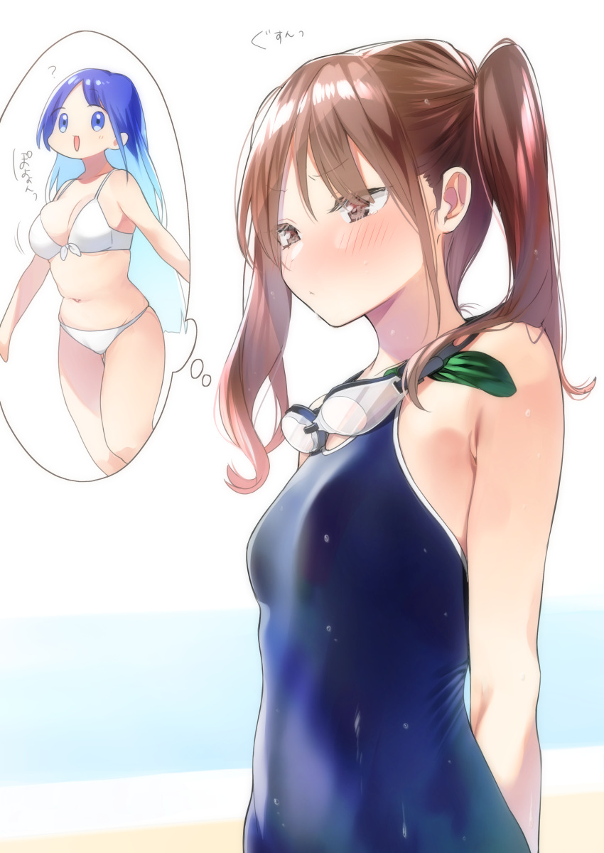 2girls absurdres bikini blue_eyes blue_hair blush breast_envy breasts brown_eyes brown_hair commentary goggles goggles_around_neck highres long_hair multiple_girls original rinku_(rin9) school_swimsuit small_breasts swimsuit twintails wet white_bikini