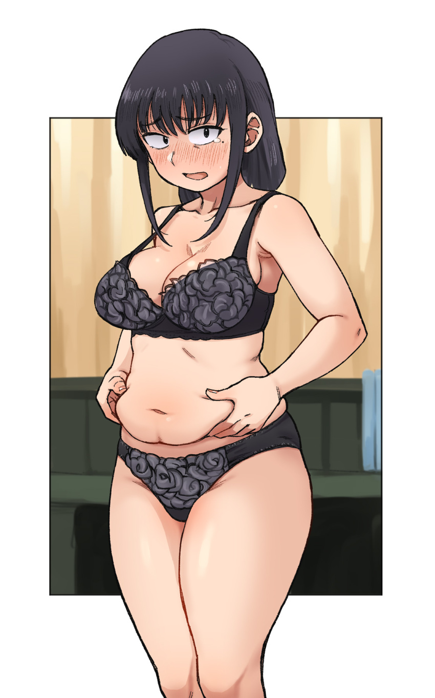1girl bangs belly black_bra black_eyes black_hair black_panties blush border bra breasts cleavage embarrassed eyebrows_visible_through_hair frilled_bra frills frown highres holding_stomach houkago_teibou_nisshi indoors kotani_sayaka large_breasts long_hair looking_at_viewer navel office office_lady omuraashu open_mouth panties plump sidelocks solo sweatdrop teacher thighs underwear unusually_open_eyes weight_conscious white_border