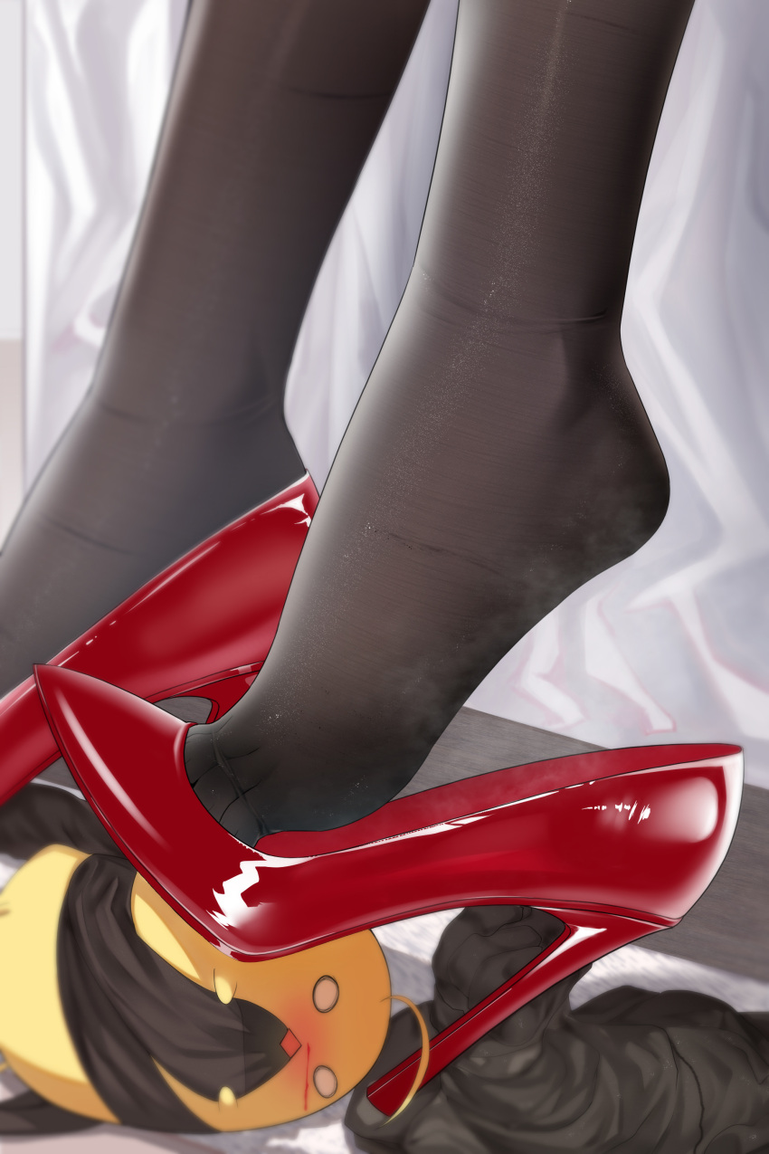 1girl absurdres ahoge azur_lane bird black_legwear blood blush cang_se_ye_hua chick eating feet feet_only foot_focus high_heels highres manjuu_(azur_lane) nose_blush nosebleed pantyhose red_footwear shoe_dangle shoes smell steaming_body stiletto_heels taihou_(azur_lane)