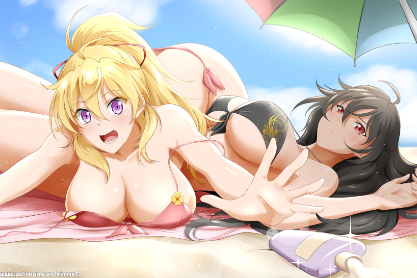 2girls ahoge armpits bangs banned_artist beach bikini black_bikini black_hair blonde_hair blue_sky blurry blurry_background breasts cleavage closed_mouth cloud eyebrows_visible_through_hair front-tie_bikini front-tie_top frown hair_between_eyes hair_ribbon highres kimmy77 large_breasts lens_flare long_hair looking_at_viewer lying mother_and_daughter multiple_girls on_back open_mouth outdoors outstretched_hand parasol pink_bikini print_bikini purple_eyes raven_branwen red_eyes red_ribbon ribbon rwby shiny shiny_hair side-tie_bikini sideboob sky strap_gap summer swimsuit umbrella underboob untied untied_bikini very_long_hair yang_xiao_long