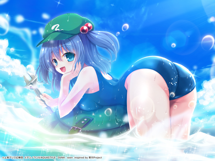 1girl ass backpack bag blue_hair blue_sky blue_swimsuit blush breasts cloud cloudy_sky droplets eyebrows_visible_through_hair green_eyes green_headwear hair_between_eyes hat highres kawashiro_nitori looking_at_viewer looking_back lying medium_breasts medium_hair official_art on_stomach open_mouth second-party_source sideboob sky solo sparkle swimsuit touhou touhou_danmaku_kagura two_side_up wet wet_clothes wrench yamu_(reverse_noise)