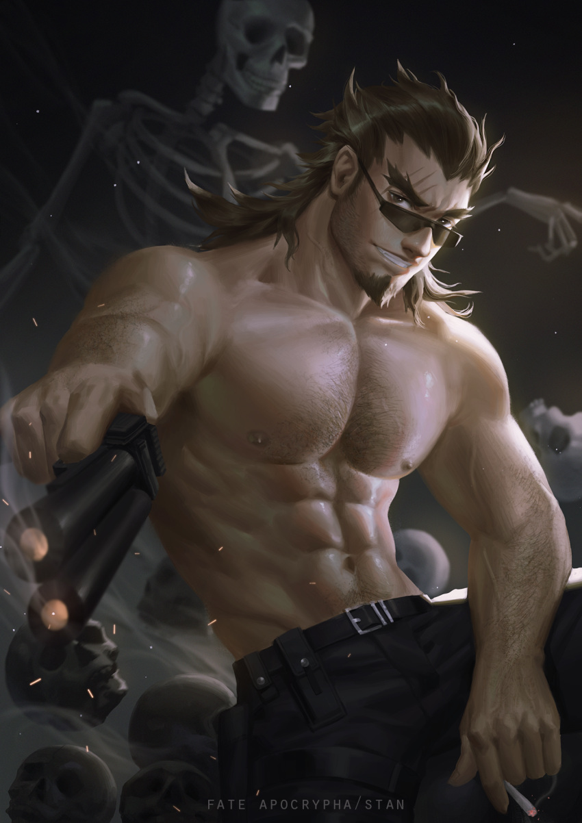 1boy abs arm_hair bara black_pants chest_hair cigarette embers facial_hair fate/apocrypha fate_(series) forked_eyebrows goatee gun highres holding holding_gun holding_weapon large_pectorals long_sideburns looking_at_viewer male_focus mature_male medium_hair muscular muscular_male navel navel_hair nipples pants pectorals seth shirtless shishigou_kairi sideburns skeleton skull smile solo stomach sunglasses thick_eyebrows weapon weapon_request