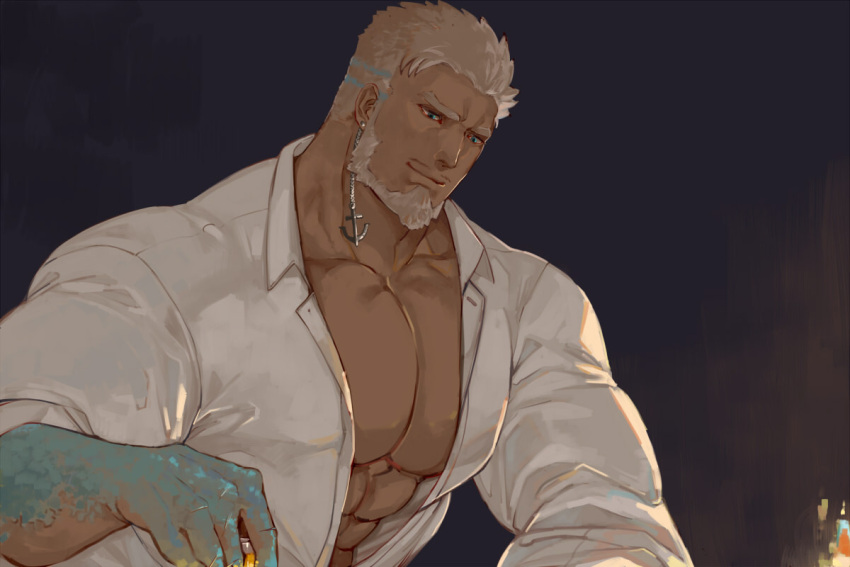 1boy abs aegir_(tokyo_houkago_summoners) anchor_earrings aqua_hair bara beard blue_eyes cup dark-skinned_male dark_skin earrings facial_hair fins fish_boy hinokumo_f holding holding_cup jewelry large_pectorals looking_down male_cleavage male_focus mature_male midriff_peek multicolored_hair muscular muscular_male open_clothes open_shirt pectorals shirt short_hair single_earring smile solo streaked_hair tokyo_houkago_summoners upper_body white_hair white_shirt