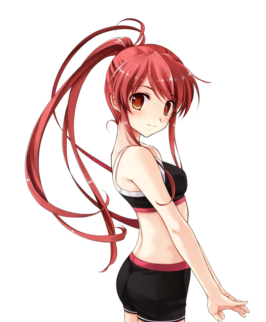 1girl bangs black_bra black_shorts blush bra breasts closed_mouth cowboy_shot eyebrows_visible_through_hair floating_hair from_side game_cg hair_between_eyes high_ponytail highres long_hair looking_at_viewer midriff misaki_kurehito miyamae_tomoka official_art orange_eyes red_hair shiny shiny_hair short_shorts shorts small_breasts smile smile_cubic! solo sports_bra standing swept_bangs tachi-e transparent_background underwear very_long_hair