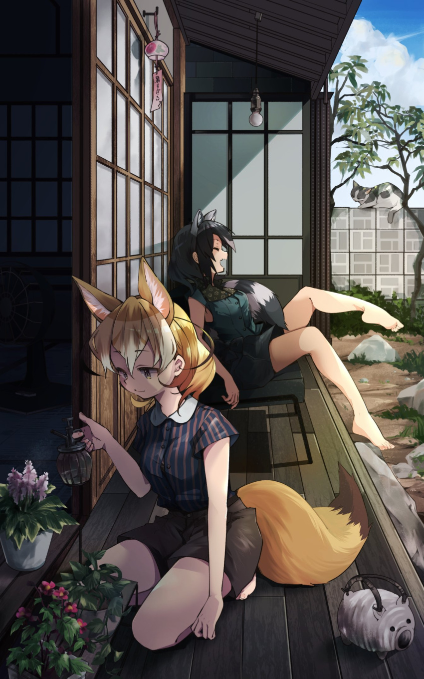 2girls alternate_costume animal_ears bare_arms bare_legs barefoot black_hair black_shorts blonde_hair blue_shirt casual cat closed_eyes collared_shirt common_raccoon_(kemono_friends) contemporary day extra_ears eyebrows_visible_through_hair fang fennec_(kemono_friends) flower fox_ears fox_girl fox_tail full_body green_shirt grey_hair highres kemono_friends kneeling multicolored_hair multiple_girls nanana_(nanana_iz) open_mouth outdoors porch raccoon_ears raccoon_girl raccoon_tail shirt short_sleeves shorts sitting sleeveless sleeveless_shirt striped striped_shirt tail translation_request watering white_hair wind_chime yellow_eyes
