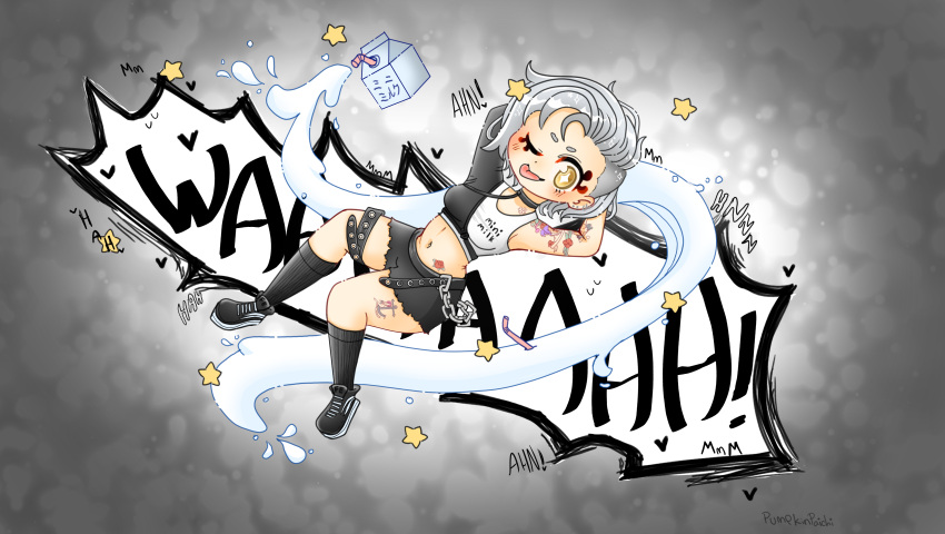 1girl ;p arms_behind_head arms_up black_footwear black_legwear breasts brown_eyes chain chibi clothes_writing commentary drinking_straw english_commentary fefe_(vtuber) full_body highres indie_virtual_youtuber kneehighs looking_at_viewer midriff milk milk_carton minimilk navel one_eye_closed pumpkinpaichi punk self_upload shaved_head shoes short_hair sidecut signature smile sneakers solo sound_effects spilling star_(symbol) tattoo tongue tongue_out virtual_youtuber white_hair