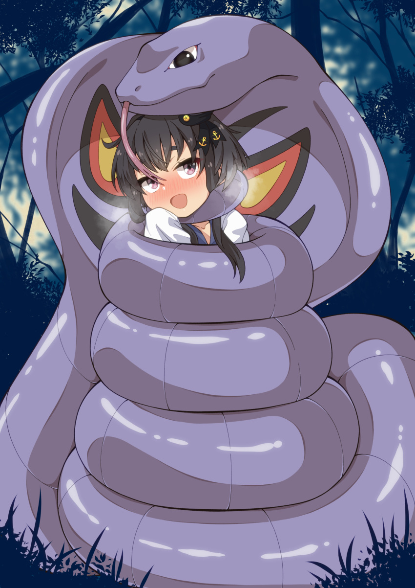 1girl anchor_symbol arbok bangs black_hair blush bound breath commission constriction crossover forest gen_1_pokemon grey_hair hat highres iori_4kagetsu kantai_collection mini_hat multicolored_hair nature open_mouth outdoors pokemon pokemon_(creature) purple_eyes short_hair_with_long_locks skeb_commission tokitsukaze_(kancolle) tongue tree