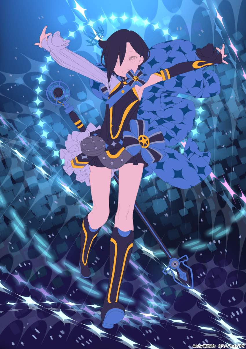 1other ame_no_sei ame_no_sei_youtube_channel androgynous arms_up asymmetrical_bangs asymmetrical_hair asymmetrical_sleeves bangs black_hair blue_eyes boots bow crown flat_chest frilled_skirt frills hair_behind_ear highres kuroboshi_kouhaku microphone open_mouth skirt smile star_(symbol)