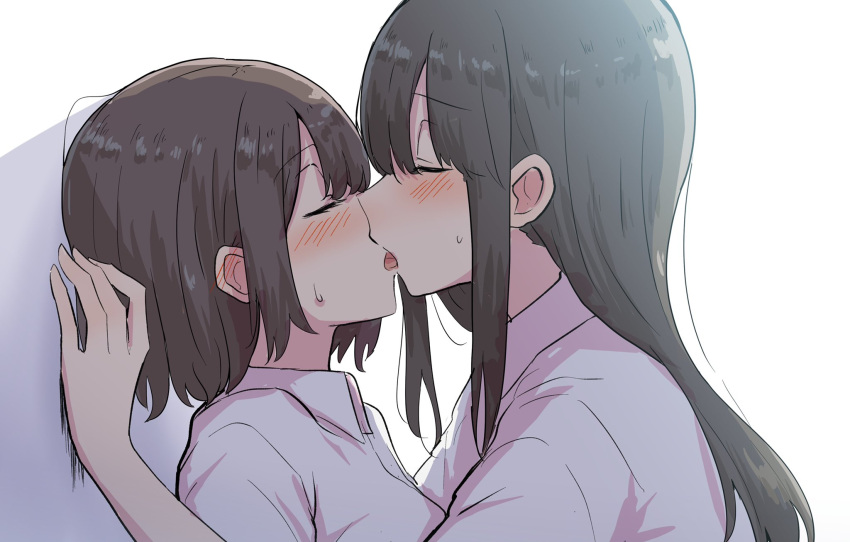 2girls bangs betock blunt_bangs blush brown_hair closed_eyes eyebrows_visible_through_hair eyelashes french_kiss hand_on_wall highres kiss long_hair medium_hair multiple_girls original shirt sweatdrop symbol-only_commentary tongue wall_slam white_shirt yuri