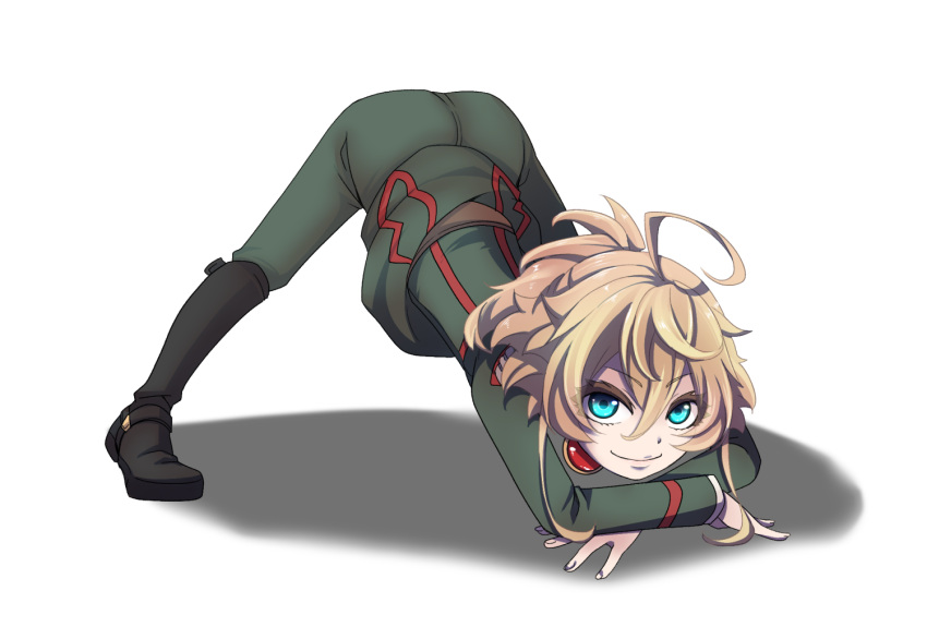 1girl ahoge arm_rest ass black_footwear black_legwear blonde_hair blue_eyes boots colored_eyelashes commentary_request full_body hal_(goshujinomocha) hands_on_ground jack-o'_challenge long_sleeves looking_at_viewer meme military military_uniform pants pose shadow short_hair simple_background smile solo spread_legs stretch tanya_degurechaff top-down_bottom-up uniform white_background wide_spread_legs youjo_senki