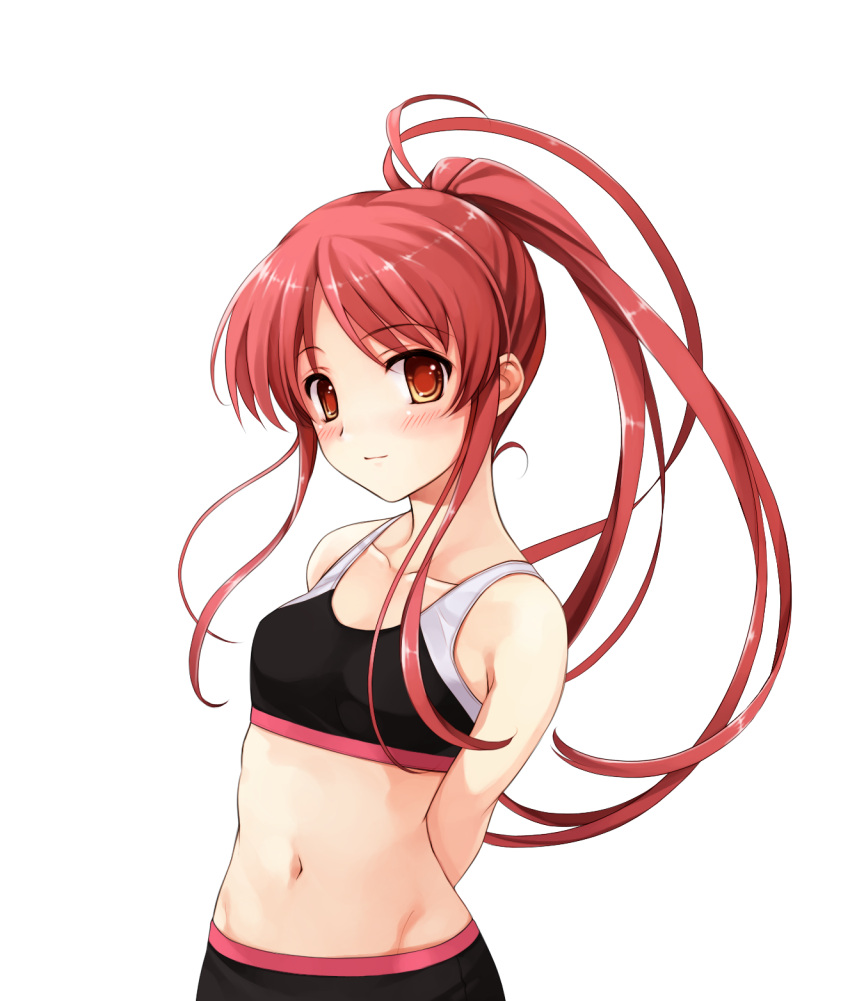 1girl arms_behind_back bangs black_bra blush bra breasts closed_mouth collarbone eyebrows_visible_through_hair floating_hair game_cg groin high_ponytail highres long_hair midriff misaki_kurehito miyamae_tomoka navel official_art orange_eyes red_hair shiny shiny_hair small_breasts smile smile_cubic! solo sports_bra standing stomach tachi-e transparent_background underwear upper_body very_long_hair