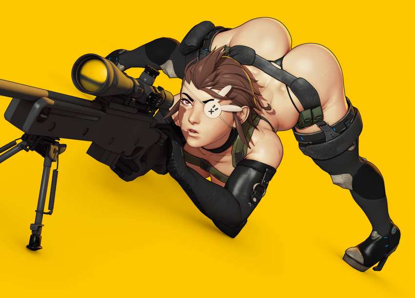 1girl aiming ass black_footwear black_gloves black_panties boots breasts brown_hair elbow_gloves eyepatch full_body g-string gloves gun hair_slicked_back harness high_heel_boots high_heels highres jack-o'_challenge jane_doe_(john_doe) john_doe medium_breasts meme o-ring one-eyed original panties pigeon-toed red_eyes rifle scope short_hair sniper_rifle solo thick_thighs thigh_boots thighhighs thighs thong throat_microphone top-down_bottom-up tripod underwear very_short_hair weapon wide_spread_legs yellow_background