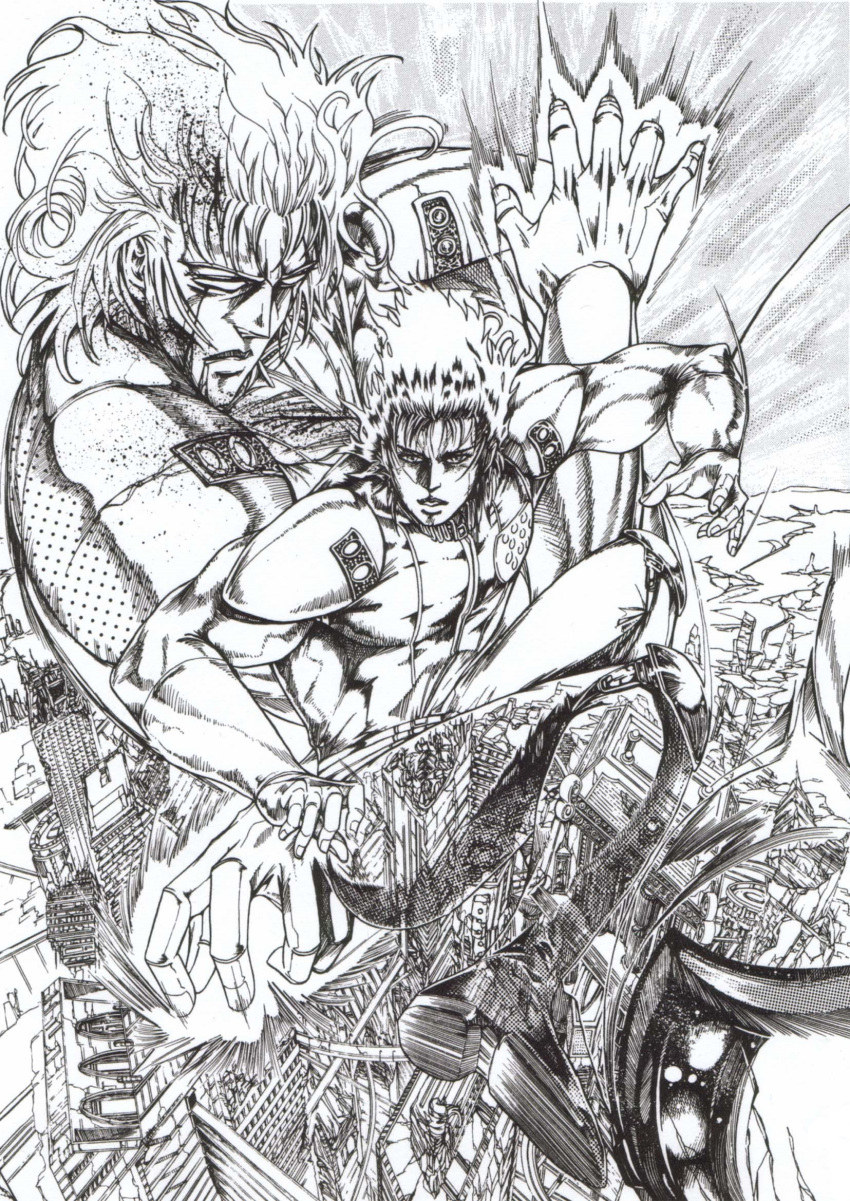 1boy afterimage apocalypse arm_guards armor boots city cityscape closed_mouth commentary_request crack desert energy facing_viewer greyscale highres hitting hokuto_no_ken injury kuromi_(majy8437) long_hair looking_at_viewer male_focus monochrome multiple_views muscular muscular_male parted_lips pauldrons rei_(hokuto_no_ken) ruins serious shoulder_armor