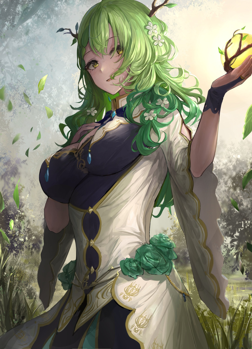 1girl absurdres antlers apple breasts ceres_fauna chan1moon flower food fruit golden_apple green_hair hair_flower hair_ornament highres hololive hololive_english leaf long_hair medium_breasts mole mole_under_eye nature outdoors solo virtual_youtuber wavy_hair yellow_eyes