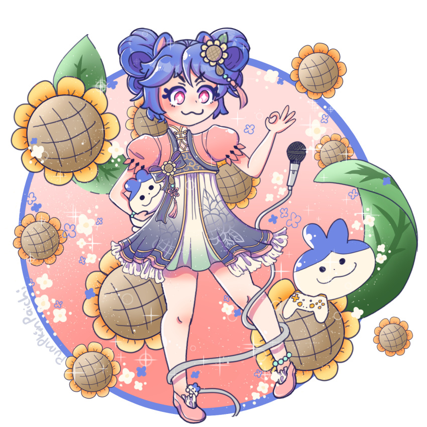 1girl :3 animal_ears bangs blue_hair bow chibi closed_mouth commentary controller double_bun dress english_commentary eyebrows_visible_through_hair flower frilled_dress frills full_body game_controller hair_flower hair_ornament ham_(vtuber) hamster hamster_girl hand_up highres holding indie_virtual_youtuber md5_mismatch microphone ok_sign pink_footwear puffy_sleeves pumpkinpaichi self_upload short_hair short_sleeves solo sunflower sunflower_hair_ornament virtual_youtuber yellow_flower