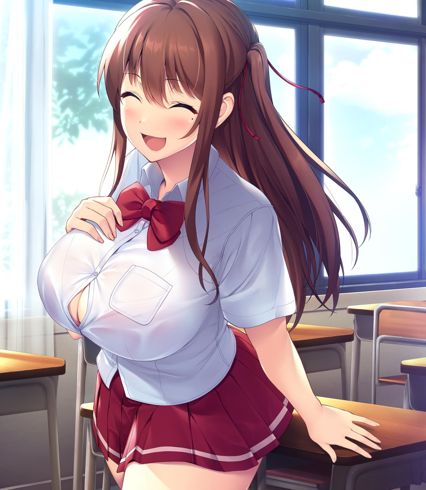 1girl :d amano_don asumi_sayaka bangs blush bra bra_through_clothes bralines breasts brown_hair bursting_breasts chair classroom cleavage closed_eyes collarbone curtains dakikano day desk hair_between_eyes hair_ribbon highres long_hair mole mole_under_eye official_art open_mouth pleated_skirt red_bra red_skirt ribbon school_chair school_desk school_uniform shirt short_sleeves sidelocks skirt smile solo underwear white_shirt window