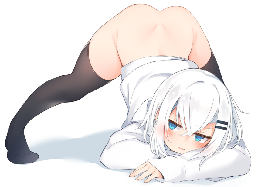 1girl ass bangs black_legwear blue_eyes blush bottomless commentary_request dimples_of_venus eyebrows_visible_through_hair full_body hair_ornament hairclip jack-o'_challenge long_sleeves no_shoes original otokuyou parted_lips ringo-chan_(otokuyou) short_hair silver_hair simple_background sleeves_past_wrists solo spread_legs sweater thighhighs top-down_bottom-up v-shaped_eyebrows white_background white_sweater