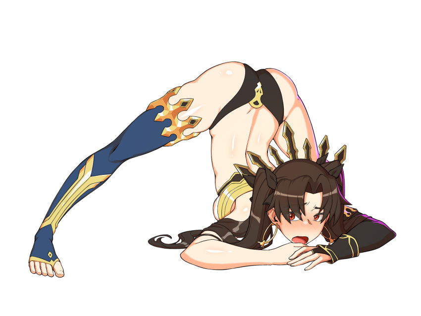 1girl arm_rest armlet ass bangs bikini black_legwear blush bracelet breasts brown_hair detached_sleeves earrings fate/grand_order fate_(series) feet flexible gold_trim hair_ribbon hands_on_ground highres hoop_earrings hyperbudd ishtar_(fate) ishtar_(fate)_(all) jack-o'_challenge jewelry legs long_hair looking_at_viewer medium_breasts meme mismatched_bikini neck_ring open_mouth parted_bangs pose red_eyes ribbon shiny shiny_hair shiny_skin single_detached_sleeve single_thighhigh solo spread_legs stretch swimsuit thighhighs thighlet tiara toenails toes top-down_bottom-up two_side_up wide_spread_legs