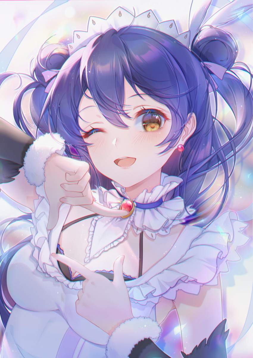 1girl ;d bangs blush breasts brown_eyes chinese_commentary choker commentary detached_sleeves double_bun dress earrings eyebrows_visible_through_hair finger_frame frilled_choker frills fur-trimmed_sleeves fur_trim hair_between_eyes hair_ribbon hands_up highres irisrey jewelry long_hair looking_at_viewer love_live! love_live!_school_idol_project medium_breasts one_eye_closed open_mouth purple_eyes purple_ribbon ribbon smile solo sonoda_umi upper_body white_dress