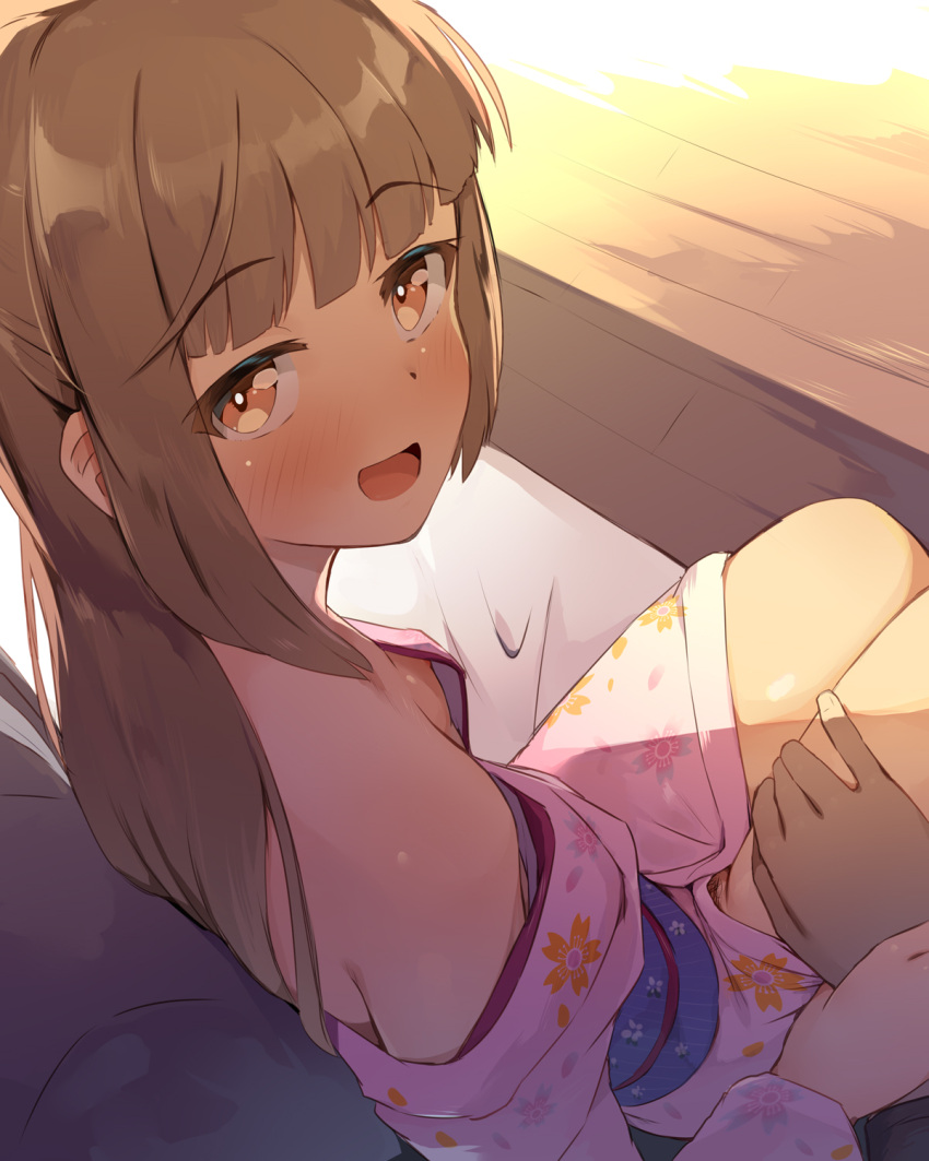 1boy 1girl bangs blunt_bangs blush breasts brown_eyes brown_hair cleavage commentary_request downblouse eyebrows_visible_through_hair female_pubic_hair floral_print hand_on_another's_thigh highres idolmaster idolmaster_cinderella_girls japanese_clothes kimono long_hair looking_at_viewer looking_back medium_breasts open_mouth pink_kimono print_kimono pubic_hair seneto sitting smile solo_focus thighs yorita_yoshino