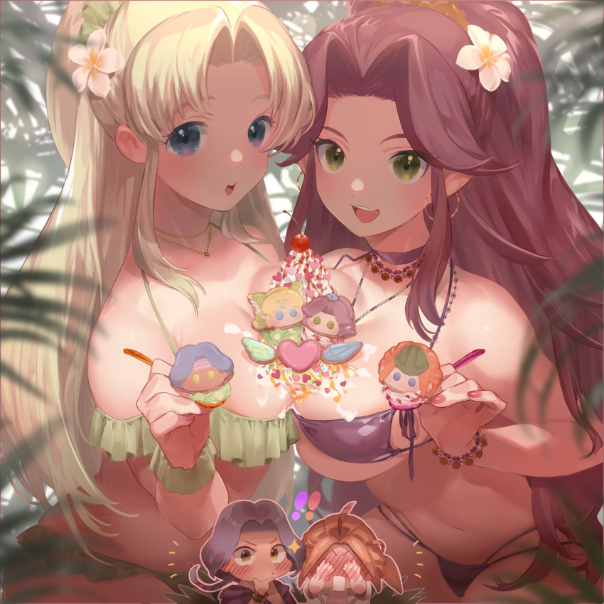 2boys 2girls angela_(seiken_densetsu_3) bikini blonde_hair blue_eyes blush breast_press commentary_request cookie duran_(seiken_densetsu_3) earrings flower food food_on_breasts frilled_bikini frills fujiwara_minato full-face_blush green_bikini green_eyes hair_flower hair_ornament hawkeye_(seiken_densetsu_3) highres holding holding_spoon hoop_earrings ice_cream jewelry looking_at_viewer multiple_boys multiple_girls navel open_mouth palm_tree pointy_ears ponytail purple_bikini purple_hair riesz seiken_densetsu seiken_densetsu_3 smile spoon swimsuit tree