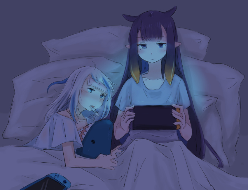 2girls aoi_(aoisaka) bangs bed blue_eyes blue_hair blunt_bangs gawr_gura hololive hololive_english long_hair multicolored_hair multiple_girls ninomae_ina'nis nintendo_switch open_mouth pointy_ears purple_hair sharp_teeth sick teeth tentacle_hair thermometer under_covers virtual_youtuber