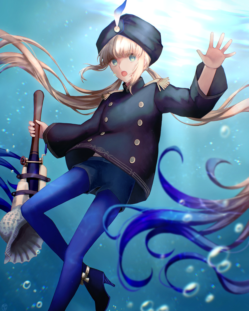 1boy absurdres air_bubble bangs black_headwear black_jacket blue_hair blue_pants blush bubble captain_nemo_(fate) conch fate/grand_order fate_(series) gradient_hair green_eyes hat_feather high_heels highres horn_(instrument) jacket kankitsurui_(house_of_citrus) light_brown_hair long_hair long_sleeves looking_at_viewer multicolored_hair open_mouth pants pantyhose solo thighs tight tight_pants turban two-tone_hair underwater