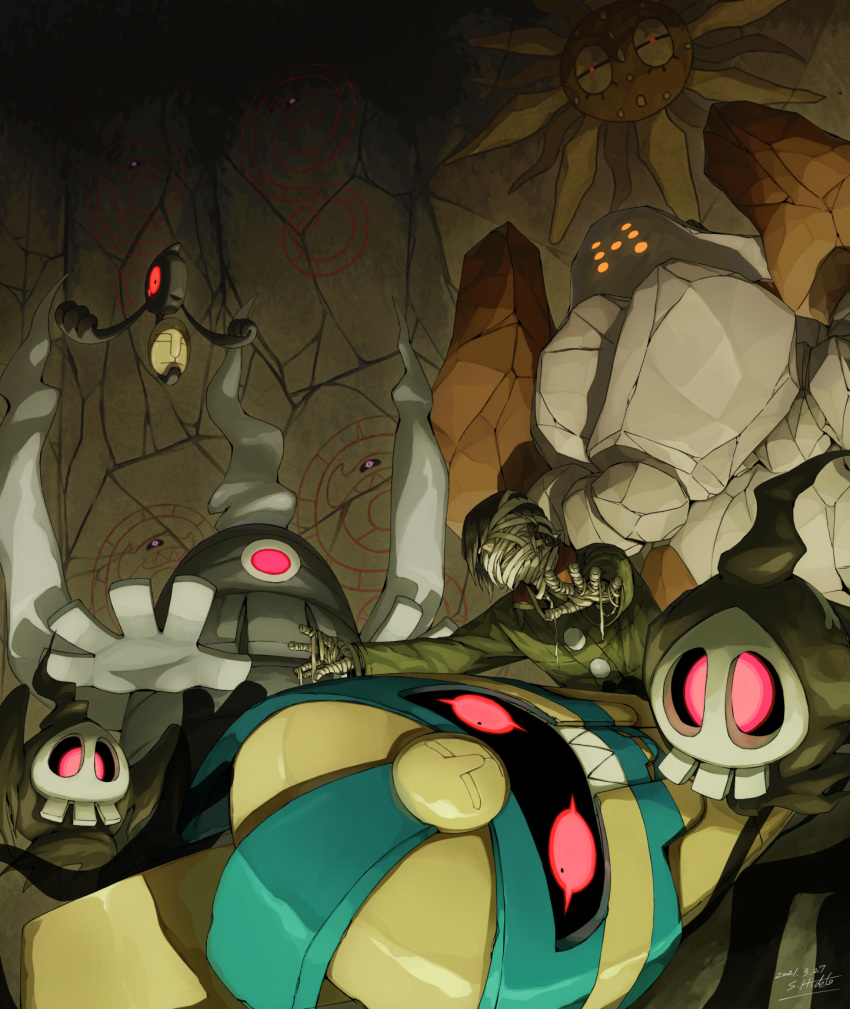 1boy bandaged_hands bandaged_head bandages brandon_(pokemon) buttons cave_interior cofagrigus commentary_request dusclops duskull gen_3_pokemon gen_5_pokemon gen_8_pokemon glowing glowing_eyes green_jacket highres jacket legendary_pokemon long_sleeves male_focus mummification mummy orange_eyes outstretched_arms pink_eyes pokemon pokemon_(creature) pokemon_(game) pokemon_emerald pokemon_rse regirock runerigus sharp_teeth shigeno_shuo solrock spread_fingers teeth yamask