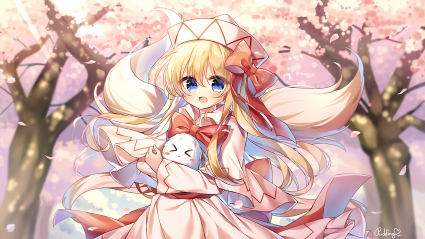 &gt;_&lt; 1girl absurdres animal artist_name blonde_hair blue_eyes blurry blurry_background blush bow bowtie cherry_blossoms commentary commentary_request day depth_of_field dot_nose eyebrows_visible_through_hair hair_between_eyes hat hat_bow heart highres kedama_(touhou) lily_white long_hair long_sleeves looking_at_viewer open_mouth outdoors petals pudding_(skymint_028) red_bow red_neckwear signature smile solo spring_(season) touhou tree white_headwear