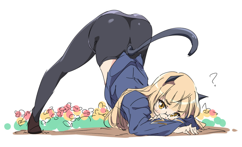 1girl 501st_joint_fighter_wing animal_ears black_legwear blonde_hair cat cat_ears cat_girl cat_tail highres jack-o'_challenge looking_at_viewer meme panties panties_under_pantyhose pantyhose perrine_h._clostermann solo strike_witches tail top-down_bottom-up umanosuke underwear world_witches_series yellow_eyes