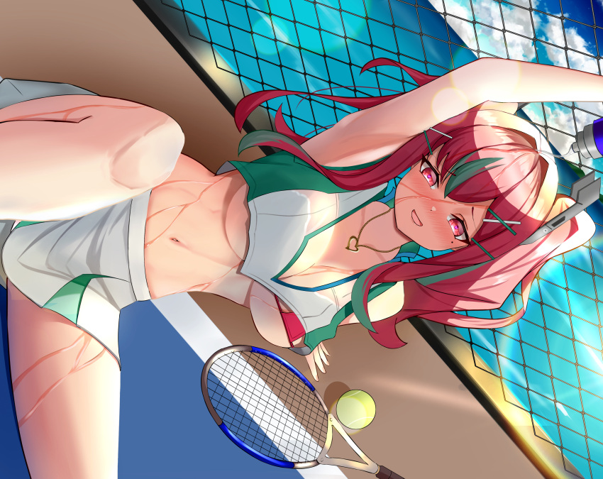 1girl :d absurdres arm_up armpits azur_lane ball bangs bare_shoulders blue_sky blush bottle bra bra_peek breasts bremerton_(azur_lane) bremerton_(scorching-hot_training)_(azur_lane) chain-link_fence cleavage cloud collarbone commentary crop_top crop_top_overhang day dutch_angle error eyebrows_visible_through_hair fence green_skirt grey_hair hair_between_eyes hair_intakes hair_ornament hairclip heart heart-shaped_pupils heart_necklace highres holding holding_bottle large_breasts lens_flare long_hair looking_at_viewer mole multicolored_hair navel nose_blush ocean official_alternate_costume open_mouth outdoors pink_bra pink_eyes pink_hair pink_watch pouring_onto_self racket see-through shadow shirt sidelocks sitting skirt sky sleeveless sleeveless_shirt smile solo sportswear stomach streaked_hair symbol-shaped_pupils tennis_ball tennis_court tennis_racket tennis_uniform twintails two-tone_hair two-tone_shirt two-tone_skirt underboob underwear water water_bottle wet wet_clothes wet_shirt white_shirt white_skirt x_hair_ornament