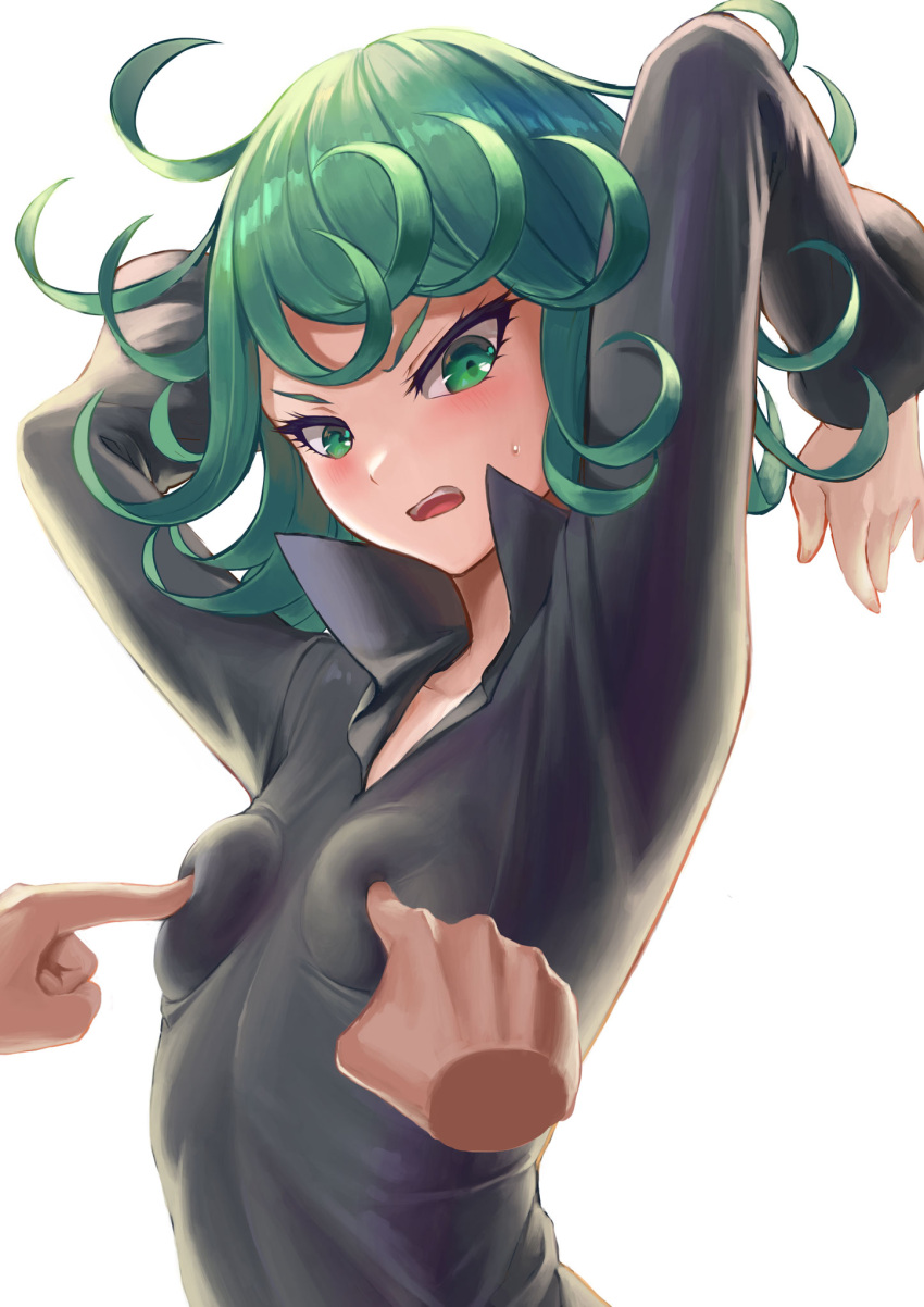 1girl 1other arms_behind_head arms_up black_dress blush breast_poke breasts collared_dress curly_hair dress flipped_hair green_eyes green_hair highres looking_at_viewer one-punch_man open_mouth poking sai_(abyss05) short_hair simple_background small_breasts solo_focus stretch sweatdrop tatsumaki tight tight_dress white_background wide_sleeves