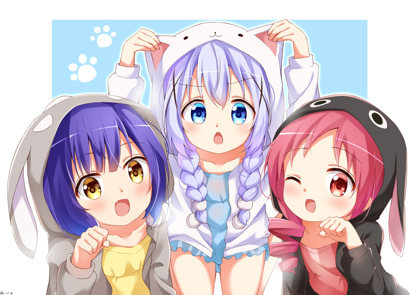 3girls animal_ears animal_hood black_hoodie blue_eyes blue_hair braid bunny_hood chimame-tai chinese_commentary collarbone drill_hair eyebrows_visible_through_hair fake_animal_ears fang gochuumon_wa_usagi_desu_ka? grey_hoodie hair_ornament highres hood hoodie jouga_maya kafuu_chino long_hair long_sleeves looking_at_viewer multiple_girls natsu_megumi one_eye_closed open_mouth painter-lhb rabbit_ears red_eyes red_hair short_hair smile twin_braids twitter_username white_hoodie x_hair_ornament yellow_eyes