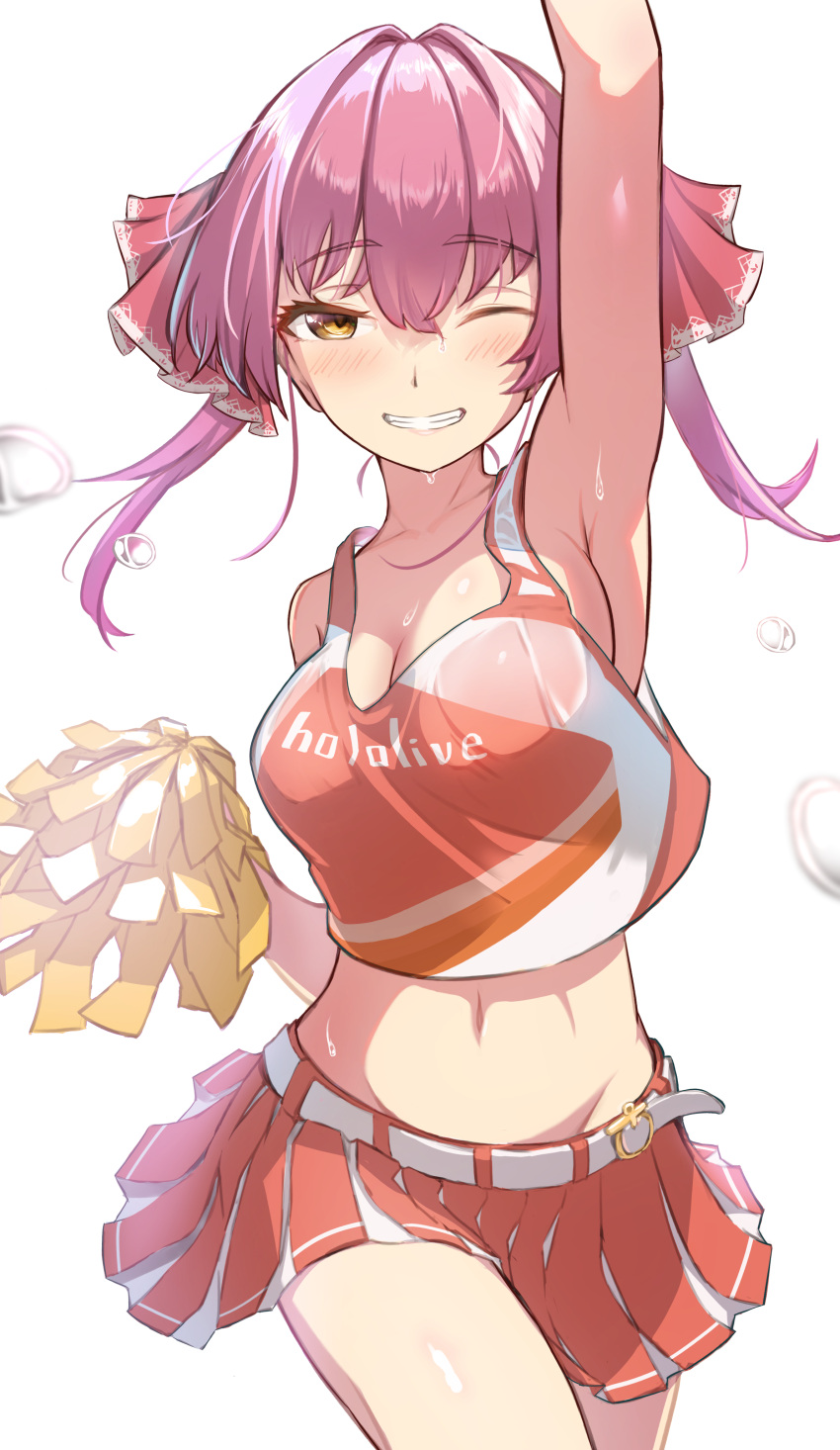 1girl absurdres arm_up armpits bangs bare_shoulders belt blush breasts cheerleader cleavage clothes_writing collarbone commentary_request cowboy_shot crop_top crop_top_overhang eyebrows_visible_through_hair flying_sweatdrops grin hair_ribbon highres holding holding_pom_poms hololive houshou_marine long_hair looking_at_viewer medium_breasts midriff miniskirt navel one_eye_closed parted_lips pink_hair pleated_skirt pom_pom_(cheerleading) red_ribbon red_shirt red_skirt ribbon shinroji shirt simple_background skirt smile solo standing sweat teeth virtual_youtuber white_background white_belt yellow_eyes