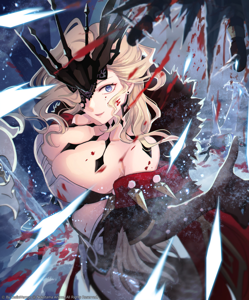 1girl abyss_mage_(genshin_impact) blonde_hair blood blue_eyes breasts cleavage coat commission commissioner_upload dangle_earrings earrings fur-trimmed_coat fur_trim genshin_impact highres ice jewelry lace-trimmed_eyepatch large_breasts leslie_vernon mask mask_over_one_eye one_eye_covered signora_(genshin_impact) snow solo