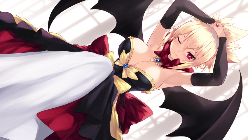 1girl ;) armpits arms_up bare_shoulders bat_wings black_dress black_wings blonde_hair breasts cait_aron cleavage closed_mouth commentary disgaea dress highres jewelry large_breasts looking_at_viewer makai_senki_disgaea_2 one_eye_closed ponytail red_neckwear ring rozalin short_hair sidelocks smile solo wings